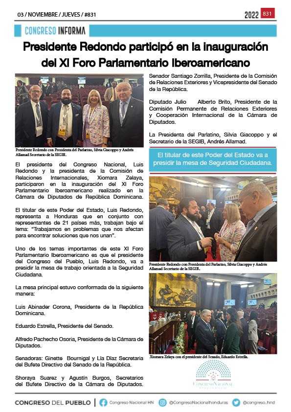 Presidente Redondo participó en la inauguración del XI Foro Parlamentario Iberoamericano